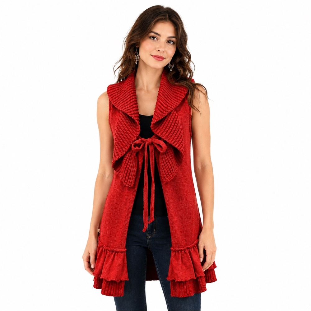 HANDKNIT Red Boho Chic Ruffle Chunky Knit Longline Tie Front Cardigan Sz SM
